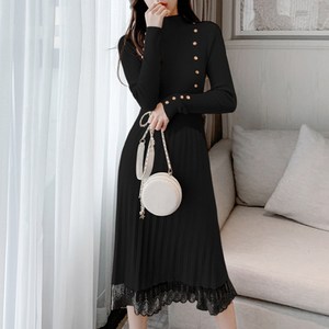 데일로엔 여성 밑단 레이스 포인트 긴팔 니트 원피스