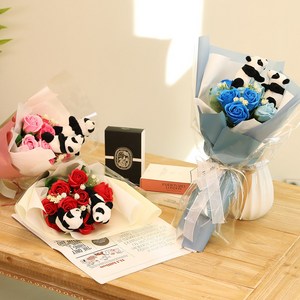 비누꽃 졸업식 입학식 선물 판다커플 비누장미 10송이 인형 꽃다발, 판다커플 비누장미 10송이 꽃다발 핑크