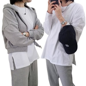 [풀문]국내생산/면30수100% 엉덩이덮는트임 레이어드티셔츠 베이직 무지 여성용 옆트임 오버핏 티셔츠 10cm 트임 인생 레이어드 긴팔 티셔츠 + 5cm 레이어드 흰티 반티 30수