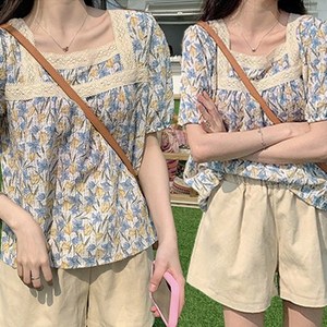데일로엔 여성 스퀘어넥 레이스 퍼프 반팔 블라우스