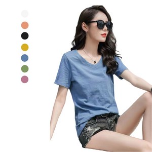 여성 여름 캐주얼 슬림핏 브이넥 티셔츠 베이직 반소매