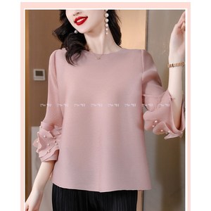 더블샵 플리츠주름 진주장식커프 밸소매 7부소매 티셔츠