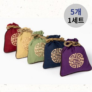 루나픽 전통 무늬 자수 복주머니 외국인 선물 5P, 빨강+노랑+초록+남색+보라