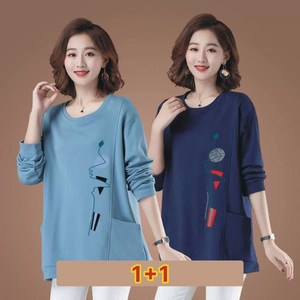스타일아유 1+1(2종세트)여성 봄 가을 중년 엄마 캐주얼 오버핏 긴팔 프린팅 티셔츠 TS2352