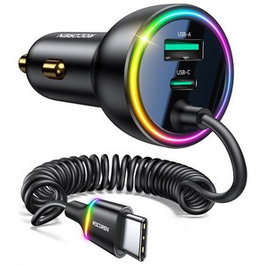 Rocoen 70W USB C 차량용 충전기(스프링 LED 케이블 포함) iPhone 용 고속 충전 유형-C USBC 차량용 충전 어댑터 삼성전자 갤럭시 LG, 1.6M 케이블