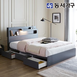 동서가구 소프 인싸 LED 호텔 수납 침대 프레임+독립스프링 매트리스(슈퍼싱글/퀸/킹), 그레이