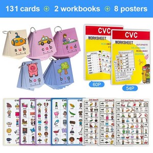 131 CVC Phonics 영어 카드 파닉스 단어 유아 영어 학습 카드 어린이 언어 포스터 연습 책, cards/workbooks/posters, 1개