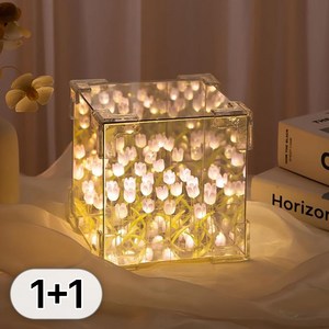 투데이리빙 1+1 LED 튤립 무드등 DIY 키트 20송이 큐브형 건전지 포함 플라워 생일 인테리어 장식 수면등 취침등 수유등 셀프 무드 조명 만들기, 핑크+그린, 2개, R98182A