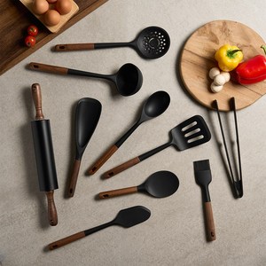 트루쿡 북미산 월넛 프리미엄 실리콘 조리도구 10종세트, 1세트, 블랙, 북미산 월넛 실리콘 조리도구 10종 세트