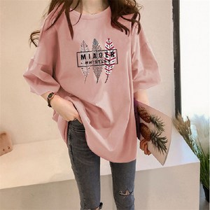 체리캣 여성용 나뭇잎프린팅 빅사이즈 오버핏 롱티셔츠 반팔티셔츠 T-32