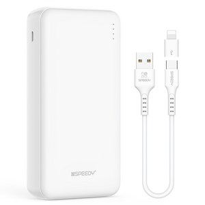 SPEEDY 슬림 듀얼 보조배터리 20000mAh 2A + C타입 케이블 + 8핀 젠더 세트, SPE-B22PCPPB200A, 화이트