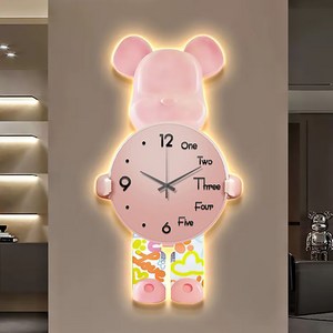 Uinox 곰돌이 시계 LED 무드등 인테리어 벽시계 대형 디자인 무소음 조명벽시계, B, 31*60cm