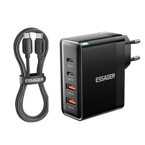 Essager GaN 100W PD충전 4포트 고속 충전기 + 100W C to C 고속충전 케이블 한국 플러그, 1세트, 블랙