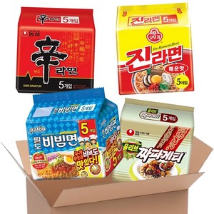 블루존 오뚜기 농심 팔도 봉지라면4종세트 (신라면5P + 진라면 5P + 짜파게티5P+ 팔도비빔면5P), 1세트