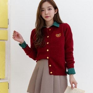 월계수 자수 골드버튼 라운드 도톰 니트가디건 스쿨룩