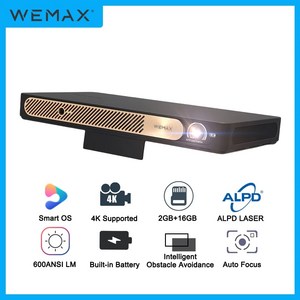 휴대용빔프로젝터 미니빔프로젝터 스마트 WEMAX Go 고급 ALPD 레이저 1080P 4K 600 ANSI OS WiFi BT 내장 배터리, 1)Black  EU 플러그