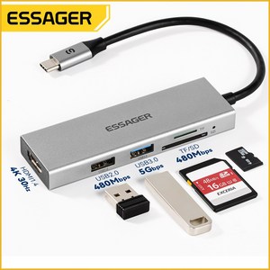 Essage C타입 5포트 멀티포트 허브 HDMI 4K SD/TF 리더용, 그레이, 1개