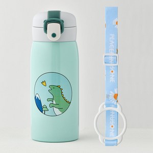 코코메이트 보온 보냉 공룡 텀블러 + 스트랩 세트, 민트, 350ml