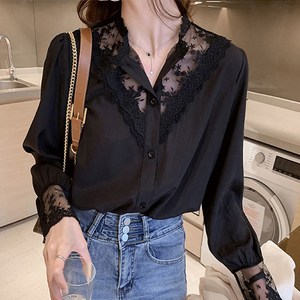 데일로엔 여성 레이스 시스루넥 긴팔 셔츠 블라우스