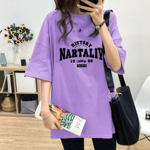스타일아유 여성 여름용 오버핏 반팔 티셔츠 순면 빅사이즈 원작 NARTALIY 레터링 루즈핏 반팔티 롱티 자체제작[A3G3TS1728]