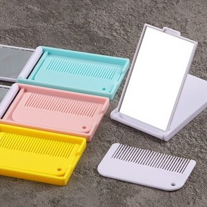 사각 휴대용 무지 손거울 빗 브러쉬 세트 1개입, 핑크 [O-07-011]