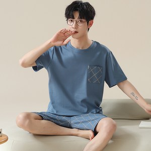 BIKASU 남성 캐주얼 체크 잠옷 세트 여름 데일리 패션 파자마 홈웨어