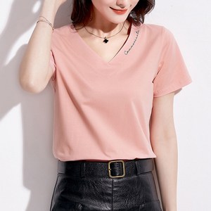 데일로엔 여성용 레터링 브이넥 반팔 티셔츠