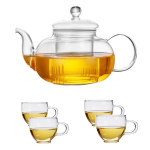 가정용 내열유리 티포트+찻잔90ml 4개, 1세트, 투명색, 600ml
