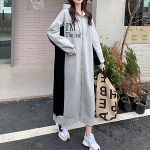 빅사이즈 면 가을 기모 집업 긴팔 롱 후드원피스