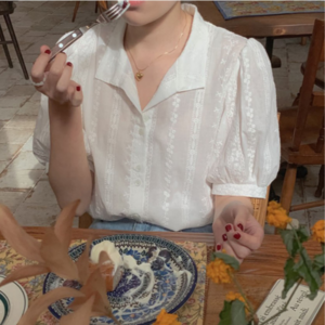 넥스컴 시스루블라우스 레이스블라우스 여름 퍼프 프릴
