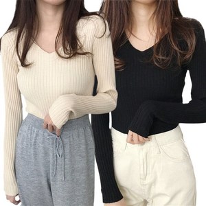 봄가을 여성 데일리 브이넥 골지 긴팔 니트티 스웨터 2종세트 Women's Knitwea