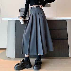 여성용 A라인 롱 스커트 하이웨스트 슬림핏 모직 주름치마 Women's skirt