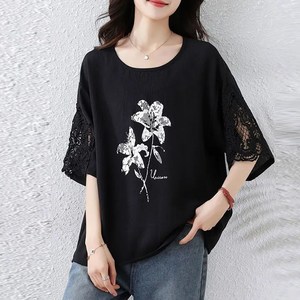 ROYALBELLE 여성 프린팅 레이스 패치워크 펀칭 5부소매 라운드넥 티셔츠 G0050612