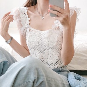 요시아나 [당일발송] 큐티 화이트 크로쉐 뜨개 크롭 나시 블라우스