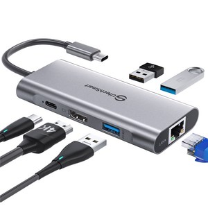 UtechSmat 6 in 1 USB C 허브 이더넷 멀티포트 HDMI 4K USB 3.0 (그레이), 회색, 1개