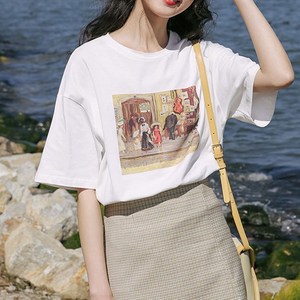 YOONH 윤한 여성용 순면 프린팅 라우드 반팔 티셔츠
