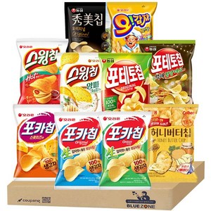 블루존 감자스낵 과자 10종 허니버터칩 포카칩(오리지널 어니언 스윗치즈) 스윙칩(볶음고추장맛 양파크림치즈) 농심포테토칩(오리지널 청양마요맛) 수미칩 오감자, 1세트