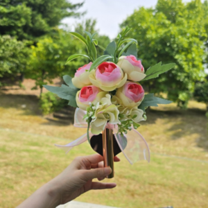 벚꽃상점 납골당 부착식 조화 꽃다발 성묘꽃 봉안당 산소꾸미기, 1개, 노란장미+로즈골드화병