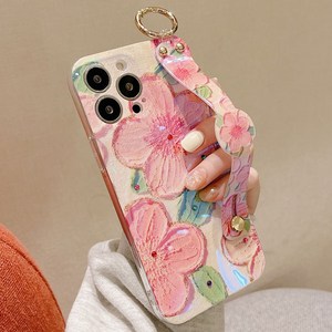 에르모사 갤럭시 S24 S23 S22 S21 케이스 울트라 플러스 GALAXY PHONE CASE HC1122 유화 피치 플라워 핸드 스트랩 휴대폰 케이스