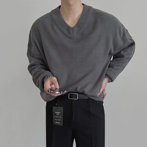 남성용 로댄티 오버핏 헤비 V넥 양면 니트 레이어드 스웨터