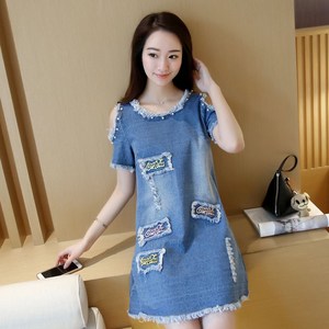 S~5XL 여성 패치 데님 원피스 오프숄더 청원피스 빅사이즈 여름원피스 데님 자켓