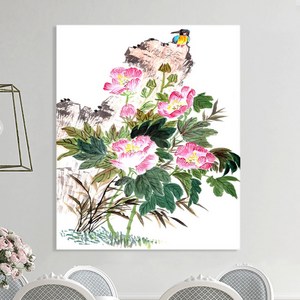 세잔느화실 돈들어오는 풍수인테리어 꽃그림 액자 금실좋은잉꼬새와 모란 꽃 그림, 26x21cm