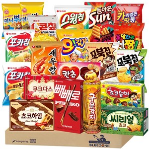 [블루존] 소소스낵 20종 T(빼빼로+꼬북칩+꼬북초코+씨리얼+칸쵸+초송+초하+쿠크+포카칩+포어니언+스윙칩볶고+오감자+구감+콘칲+썬+신짱+카땅+새우깡+뿌셔(바베큐+불고기), 1개