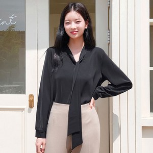 하얀색 긴팔 롱 타이 블라우스 리본 V넥 루즈핏 노카라 베이직 [차차]