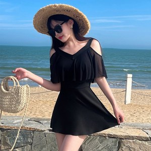 피핑 브이넥 오픈숄더 체형커버 빅사이즈 원피스 수영복