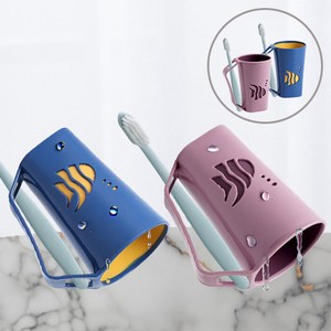 조이스프리 1+1 피쉬 거꾸로 양치컵 칫솔꽂이 스탠드 양치컵, 네이비+핑크