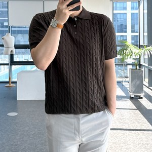 룩플레인 고급스러운 여름 린넨 케이블 반팔 니트 카라 티셔츠 6colo