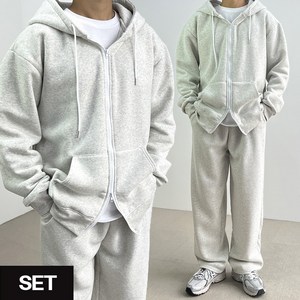 맨로틱 [SET] 남성 여성 오버핏 기모 후드집업 + 기모 와이드 바지 면 밴딩 팬츠 츄리닝 츄리닝 세트