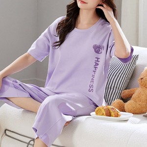 패스타임 여름 얇은 반팔 여성 잠옷 7부바지 세트 캡내장 노브라 홈웨어 SE1331