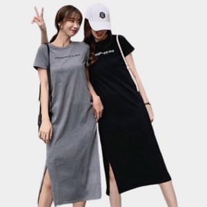 엔그로스 여름 반팔 슬림 루즈핏 옆트임 스판 롱 원피스